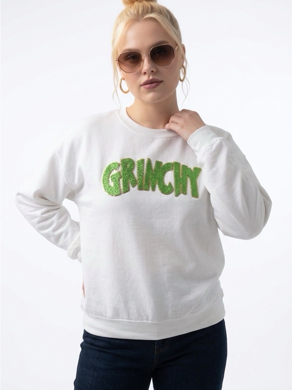 White 'GRINCHY' Crewneck Sweatshirt - Green Lettering